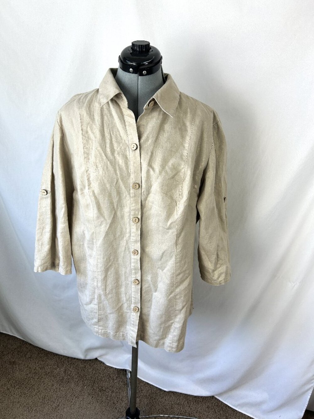 Additions By Chico's Top Blouse Roll Up 3/4 Sleeve Gold Beige Linen 2 L